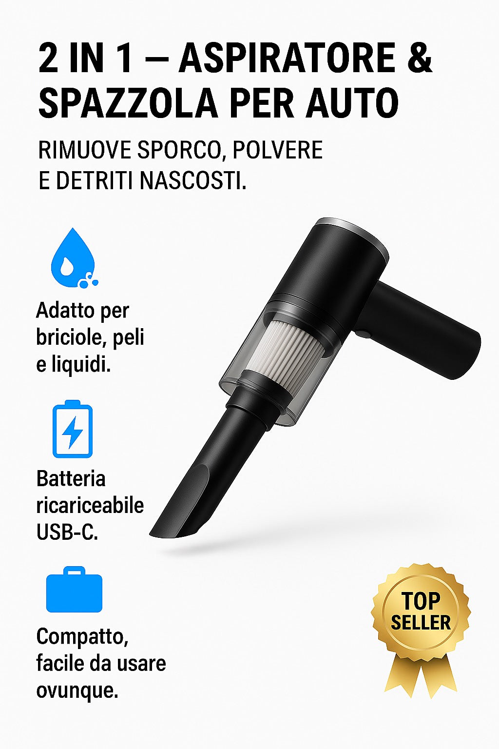 2 in 1 – Aspiratore & Spazzola per auto | Rimuove sporco, polvere e detriti nascosti!