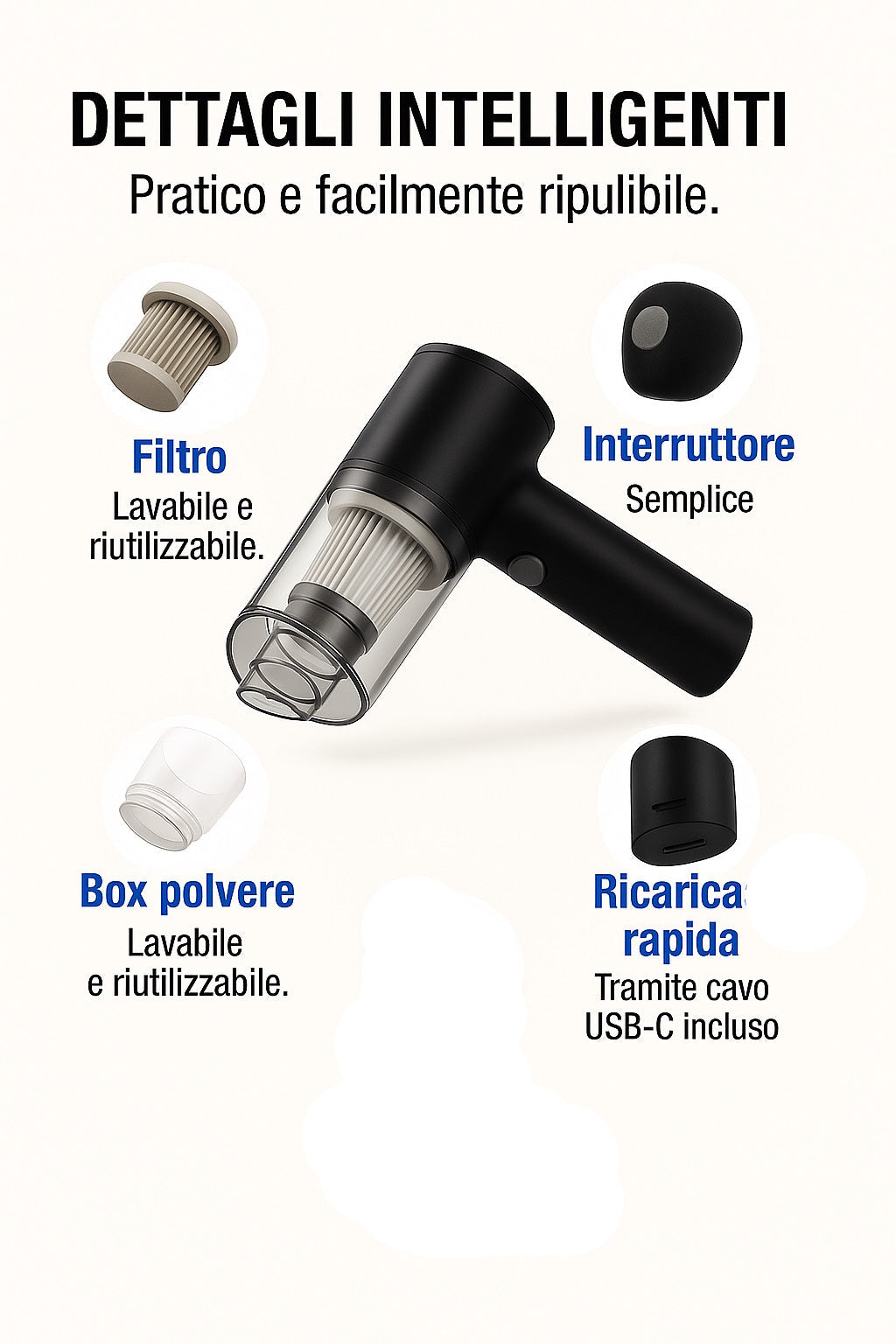 2 in 1 – Aspiratore & Spazzola per auto | Rimuove sporco, polvere e detriti nascosti!