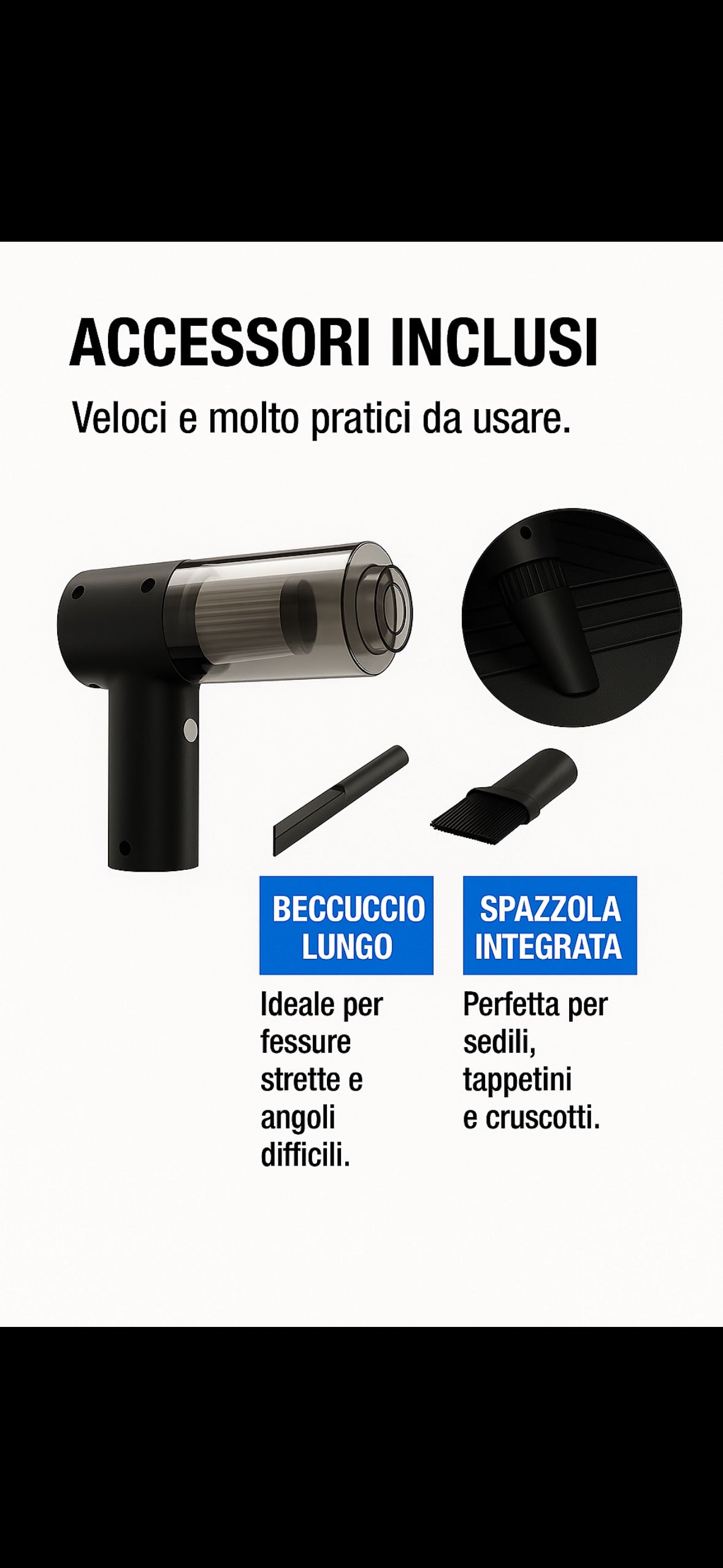 2 in 1 – Aspiratore & Spazzola per auto | Rimuove sporco, polvere e detriti nascosti!